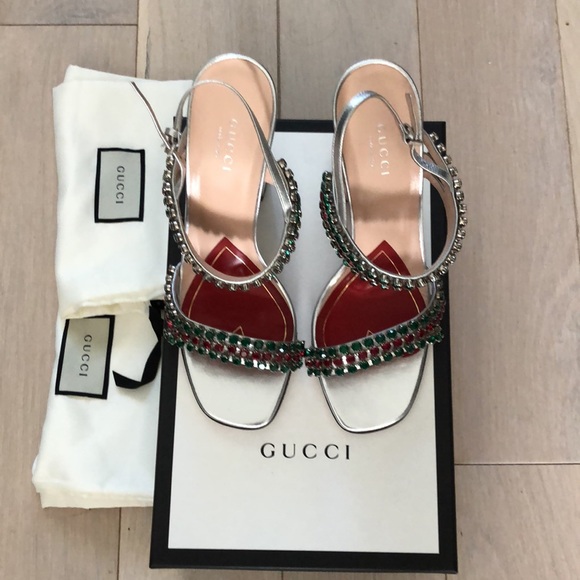 Gucci Silver Bertie Leather with Crystals Sandals - Picture 4 of 12